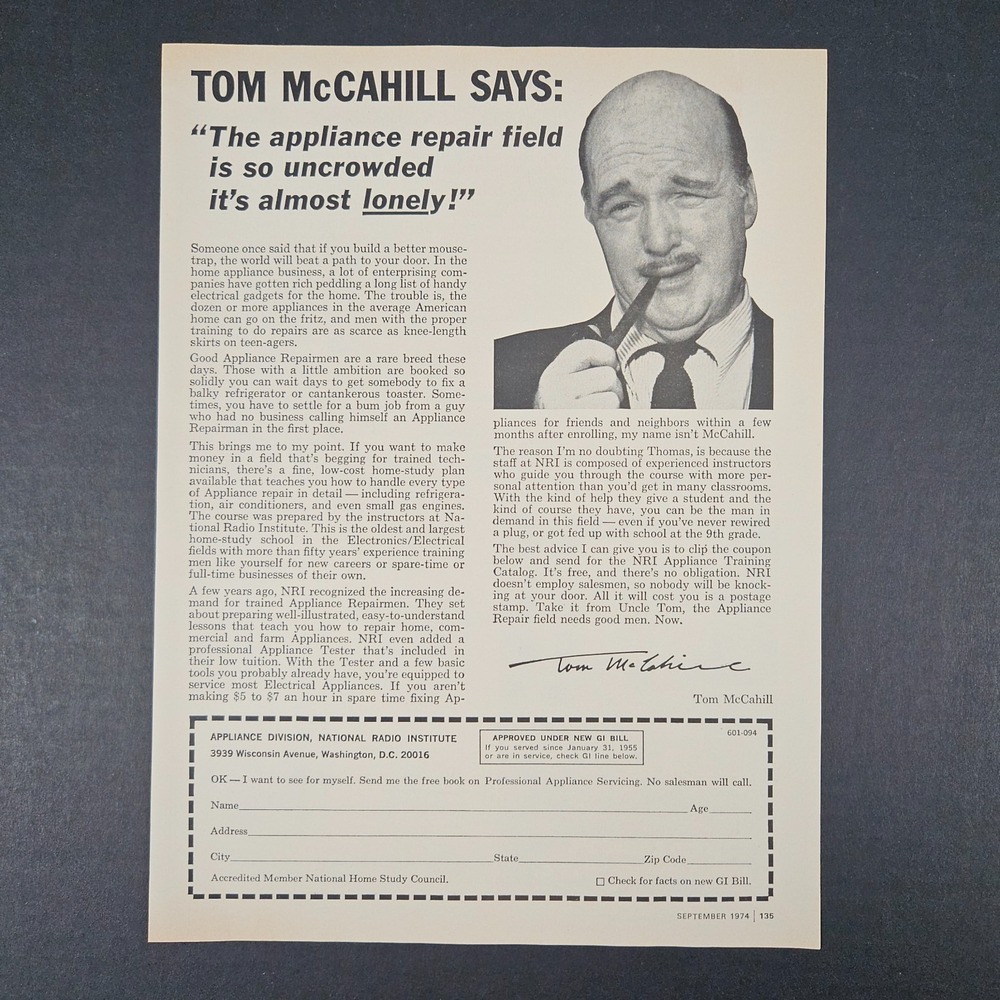 1974 Appliance Repair National Radio Institute Vintage Print Ad Tom McCahill